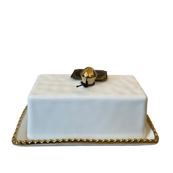 Baroque Covered Butter Dish 7in White Ceramic w/ Gold Beaded Trim Glam NEW - Picture 11 of 15